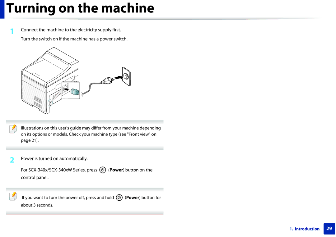 Samsung SCX-3405FW, SCX3405FWXAC manual Turning on the machine 