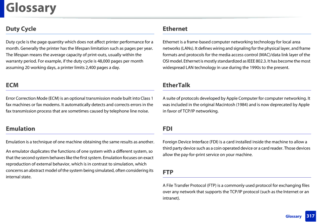 Samsung SCX-3405FW, SCX3405FWXAC manual Duty Cycle, Ethernet, EtherTalk, Emulation 