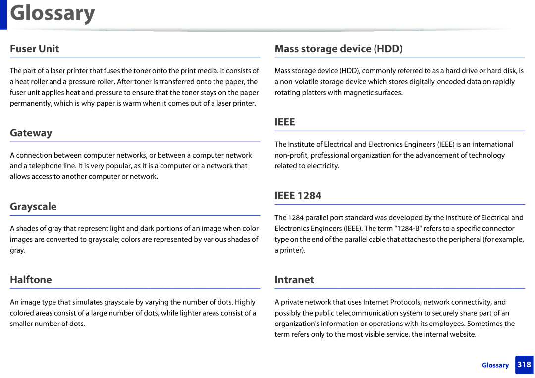 Samsung SCX3405FWXAC, SCX-3405FW manual Fuser Unit, Mass storage device HDD, Gateway, Grayscale, Ieee, Halftone, Intranet 