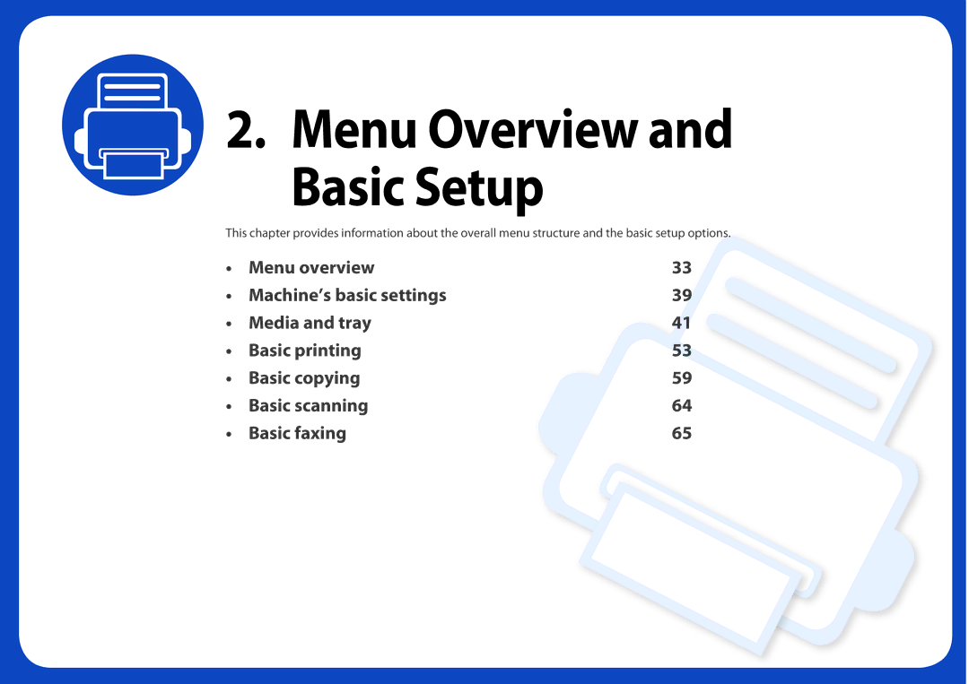 Samsung SCX3405FWXAC, SCX-3405FW manual Menu Overview and Basic Setup 