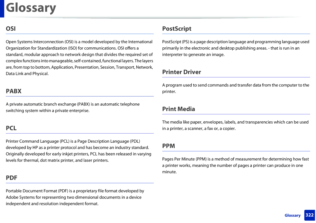 Samsung SCX3405FWXAC, SCX-3405FW manual PostScript, Printer Driver, Print Media 