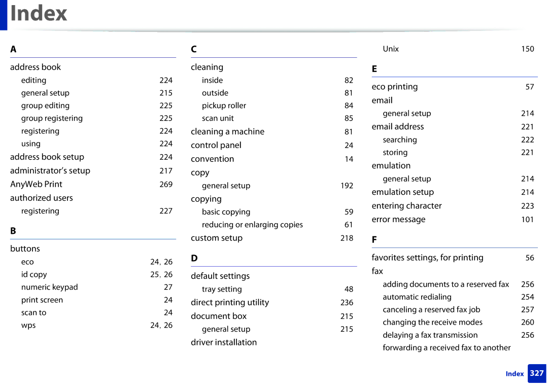 Samsung SCX-3405FW, SCX3405FWXAC manual Index 