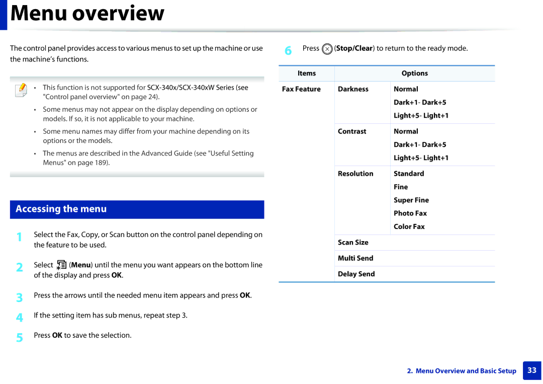 Samsung SCX-3405FW, SCX3405FWXAC manual Menu overview, Accessing the menu 