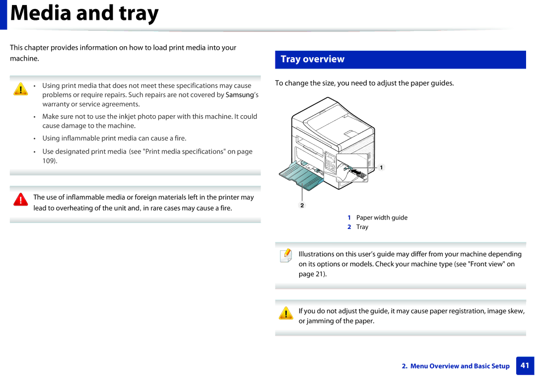 Samsung SCX-3405FW, SCX3405FWXAC Media and tray, Tray overview, To change the size, you need to adjust the paper guides 