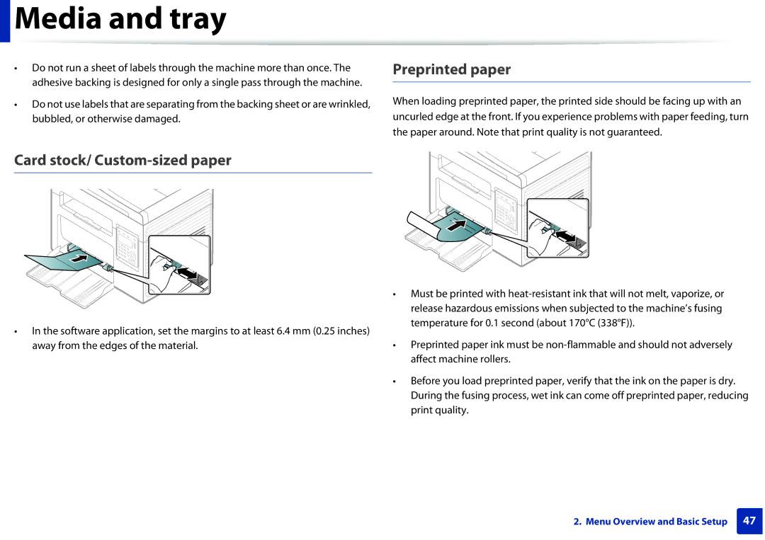 Samsung SCX-3405FW, SCX3405FWXAC manual Preprinted paper, Card stock/ Custom-sized paper 