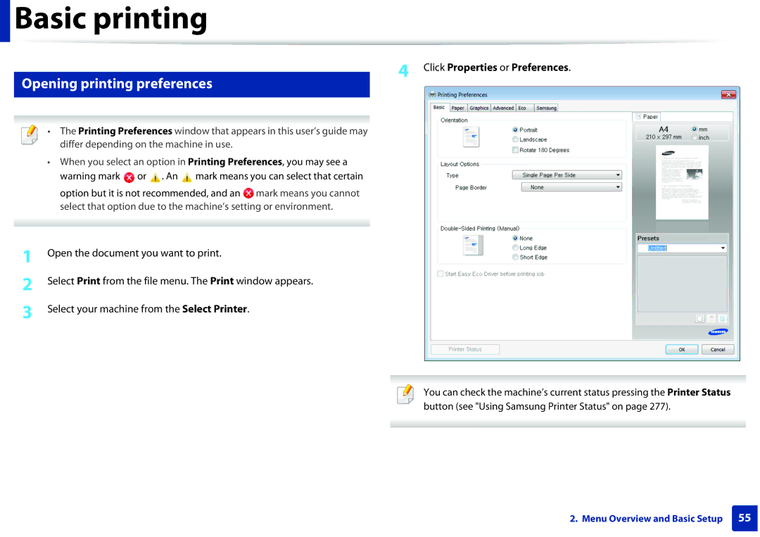 Samsung SCX-3405FW, SCX3405FWXAC manual Opening printing preferences, Click Properties or Preferences 