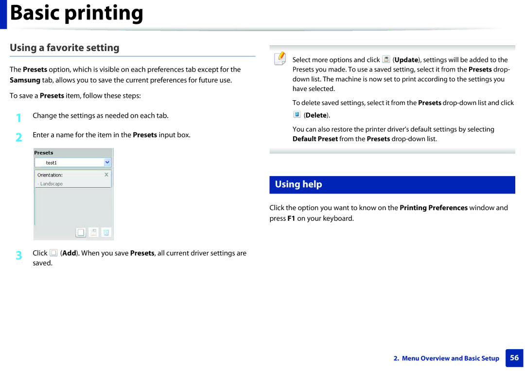 Samsung SCX3405FWXAC, SCX-3405FW manual Using a favorite setting, Using help, Delete 