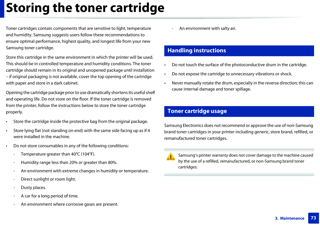 Samsung SCX-3405FW, SCX3405FWXAC manual Storing the toner cartridge, Handling instructions, Toner cartridge usage 