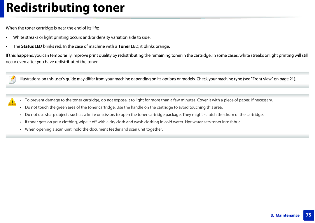 Samsung SCX-3405FW, SCX3405FWXAC manual Redistributing toner 