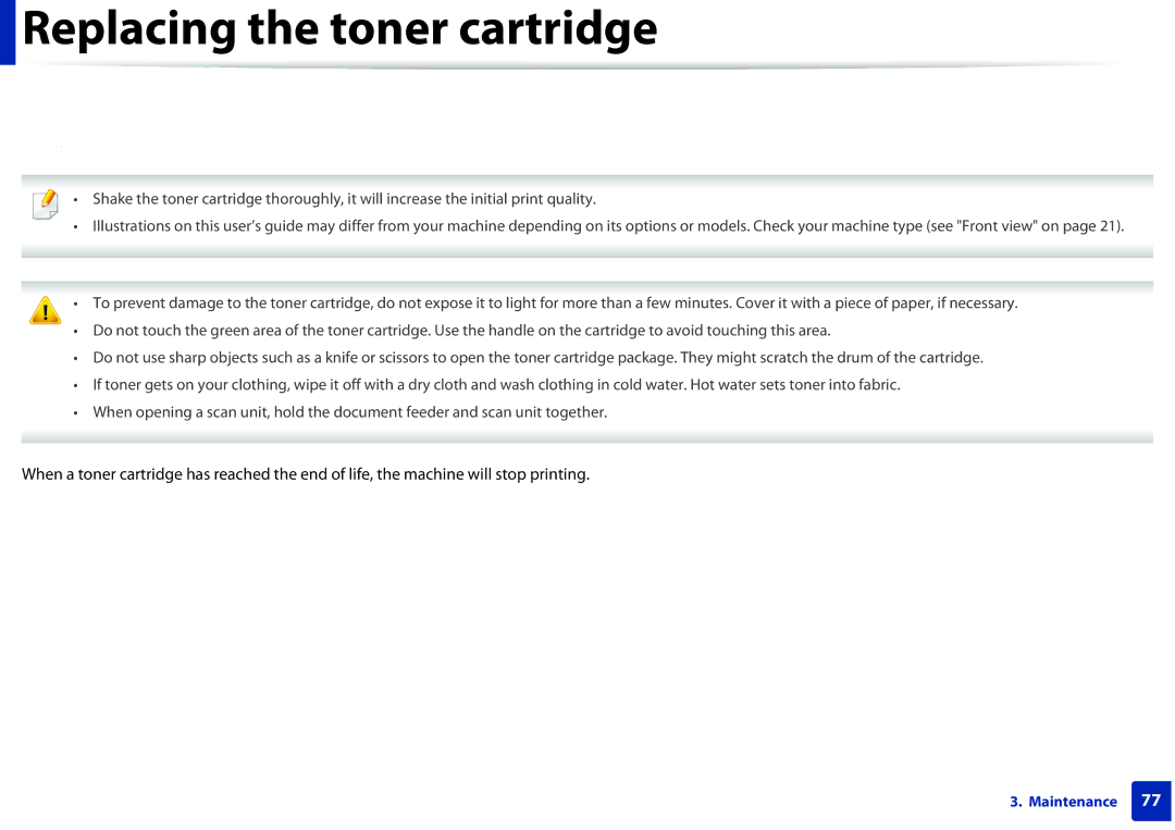 Samsung SCX-3405FW, SCX3405FWXAC manual Replacing the toner cartridge 