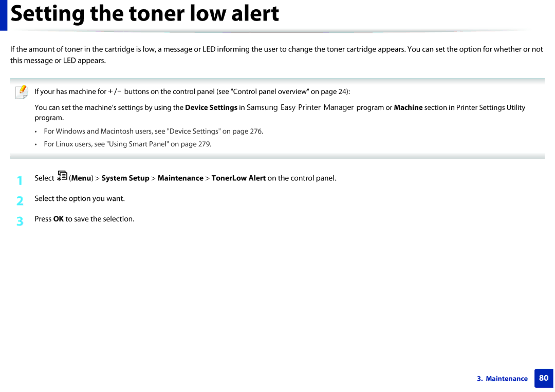 Samsung SCX3405FWXAC, SCX-3405FW Setting the toner low alert, Select the option you want Press OK to save the selection 