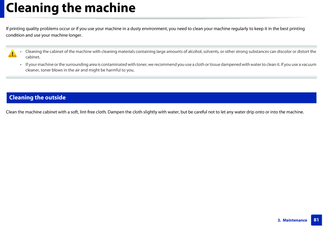 Samsung SCX-3405FW, SCX3405FWXAC manual Cleaning the machine, Cleaning the outside 