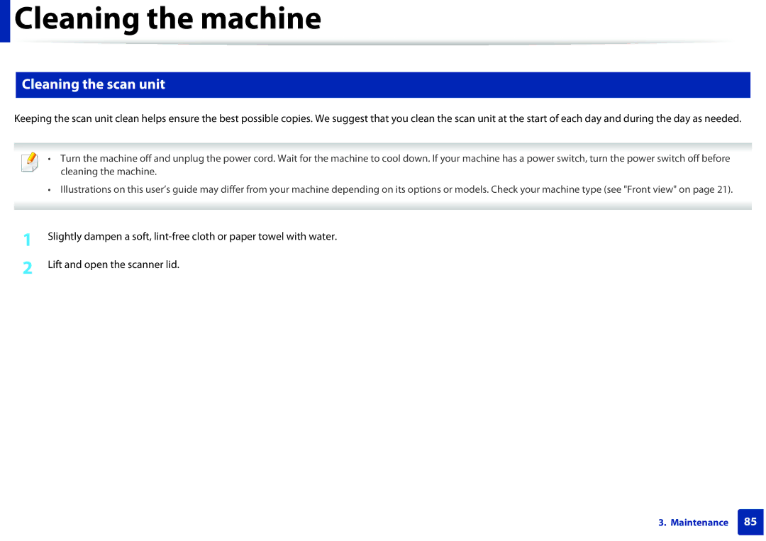 Samsung SCX-3405FW, SCX3405FWXAC manual Cleaning the scan unit 