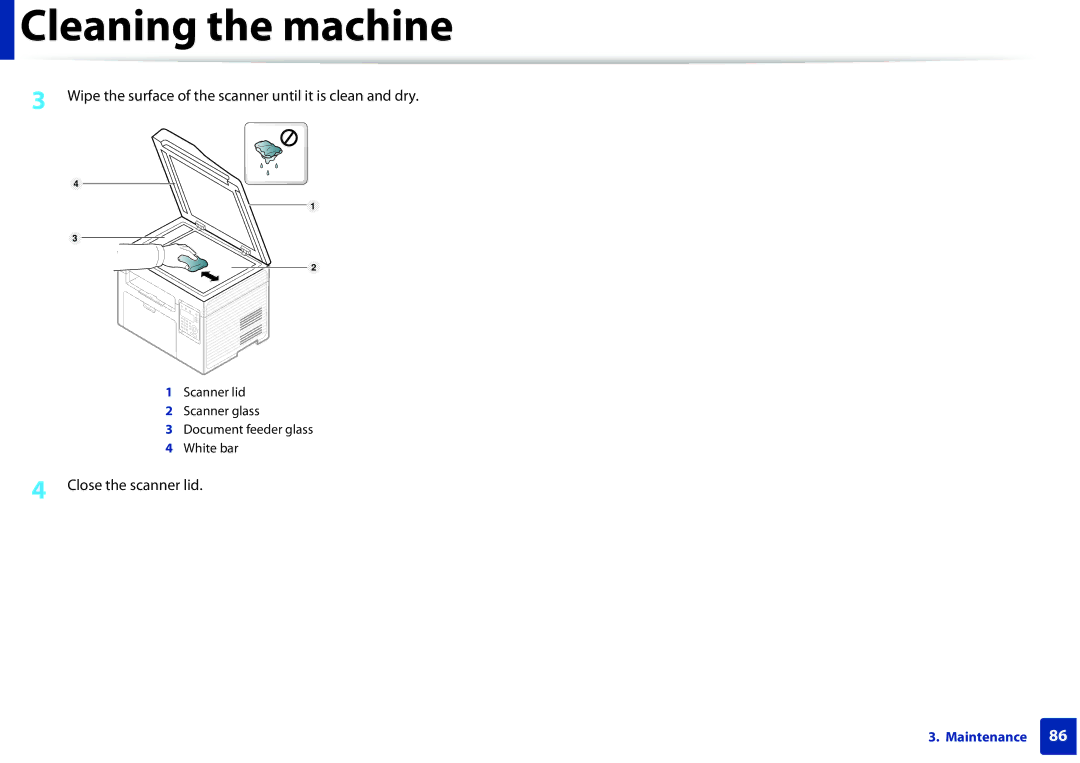 Samsung SCX3405FWXAC, SCX-3405FW manual Wipe the surface of the scanner until it is clean and dry, Close the scanner lid 