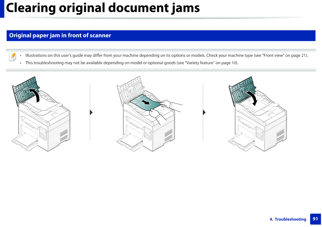 Samsung SCX-3405FW, SCX3405FWXAC manual Original paper jam in front of scanner 