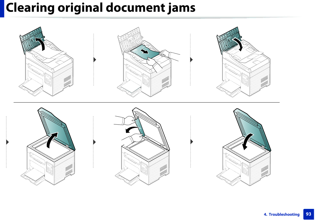 Samsung SCX-3405FW, SCX3405FWXAC manual Clearing original document jams 