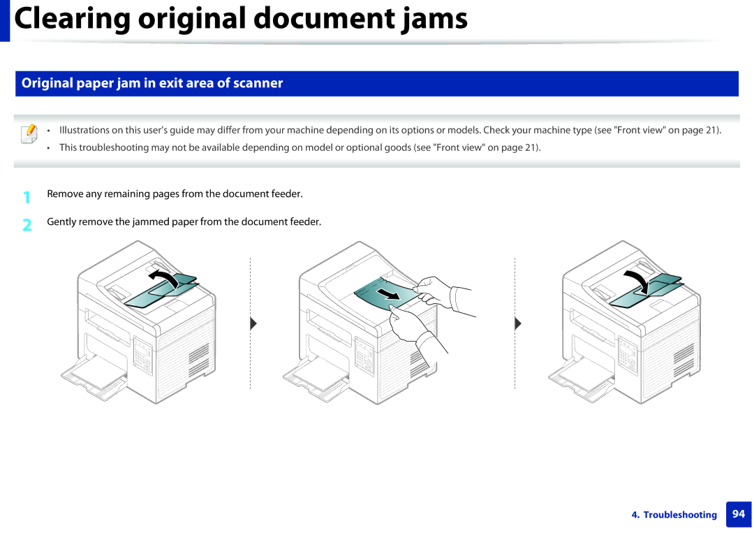 Samsung SCX3405FWXAC, SCX-3405FW manual Original paper jam in exit area of scanner 