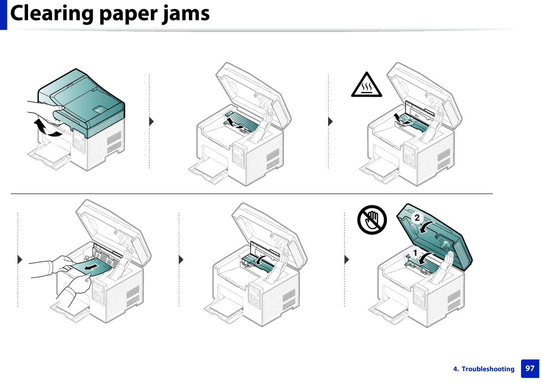 Samsung SCX-3405FW, SCX3405FWXAC manual Clearing paper jams 