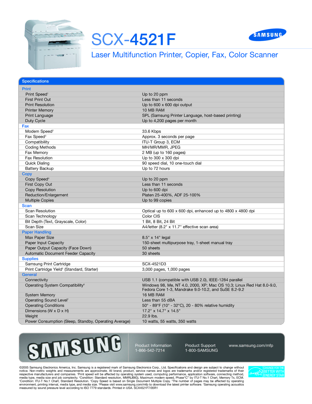 Samsung SCX4521F manual Mb Ram, MH/MR/MMR, Jpeg 