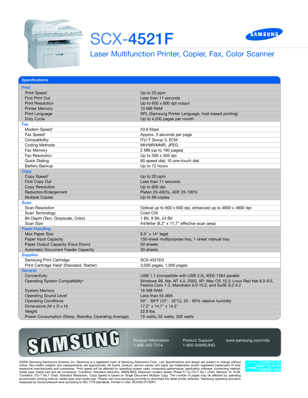 Samsung SCX4521F SCX-4521F, Laser Multifunction Printer, Copier, Fax, Color Scanner, Specifications, Copy, Paper Handling 