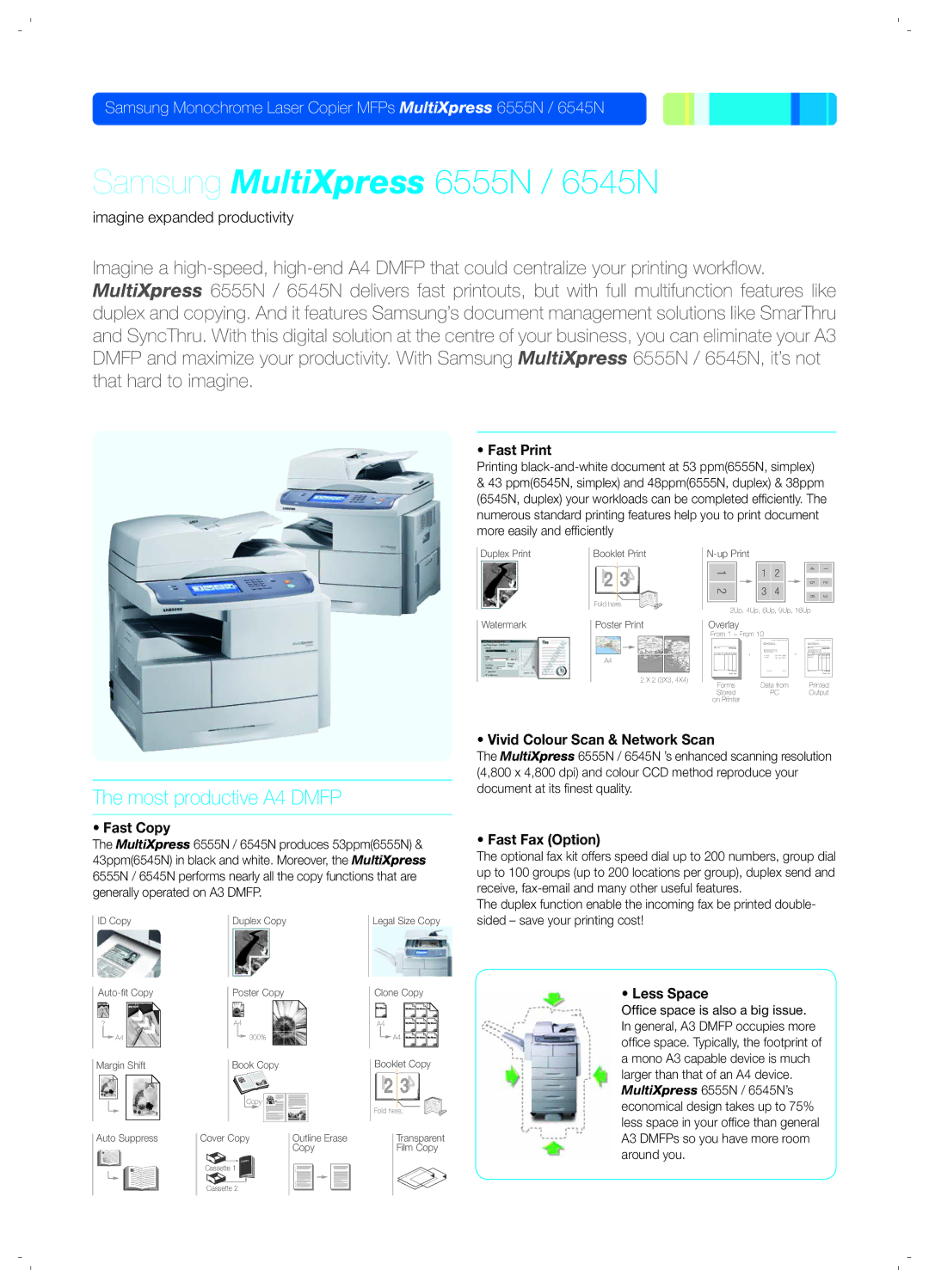 Samsung SCXFIN20S manual Samsung MultiXpress 6555N / 6545N, Most productive A4 Dmfp 