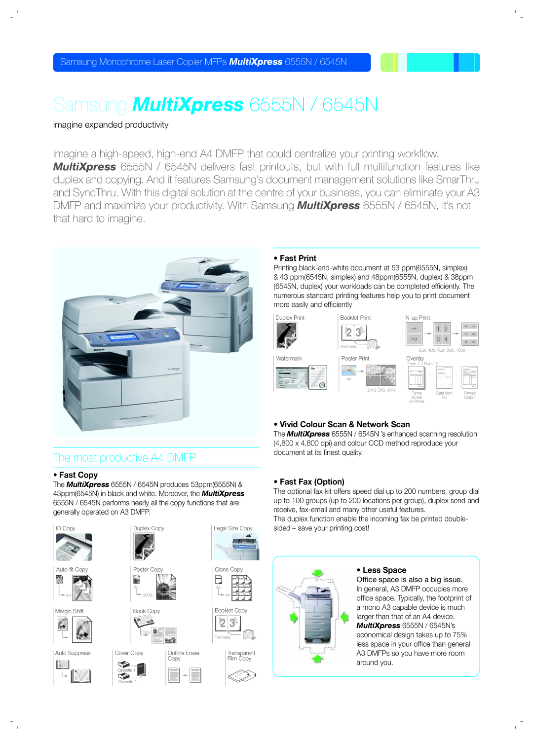 Samsung SCXFIN20S manual The most productive A4 DMFP, Samsung MultiXpress 6555N / 6545N 