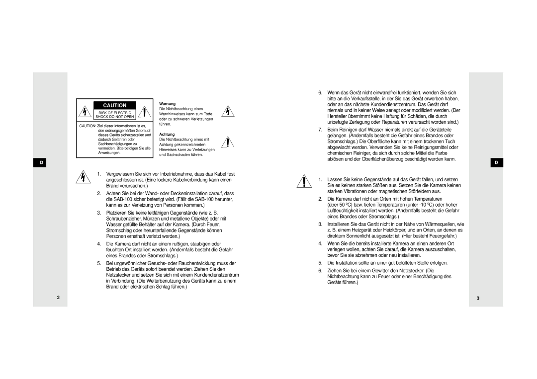 Samsung SDB-100/W manual Warnung 