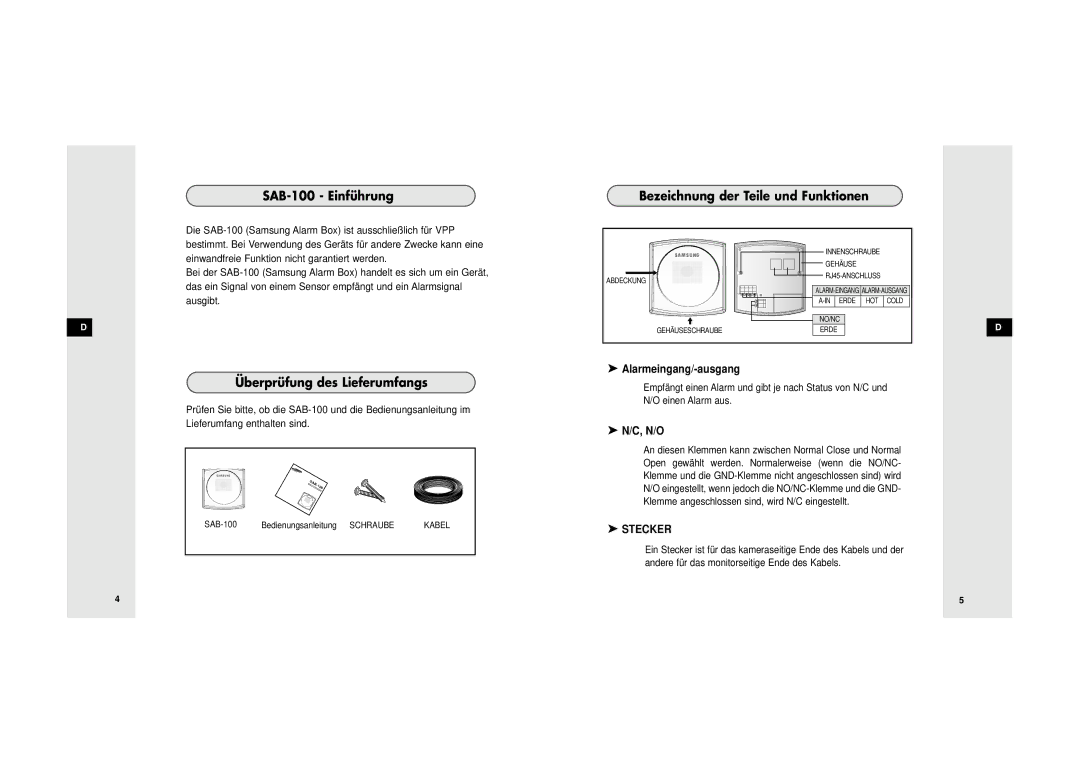 Samsung SDB-100/W manual SAB-100 Einführung, Überprüfung des Lieferumfangs, Bezeichnung der Teile und Funktionen 