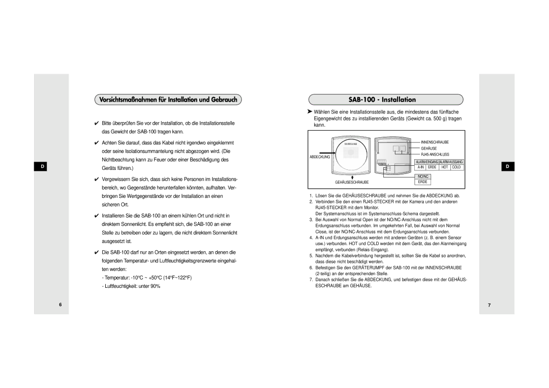 Samsung SDB-100/W manual Vorsichtsmaßnahmen für Installation und Gebrauch, Geräts führen 