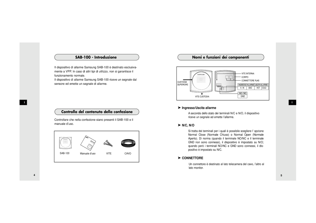 Samsung SDB-100/W manual SAB-100 Introduzione, Controllo del contenuto della confezione, Nomi e funzioni dei componenti 