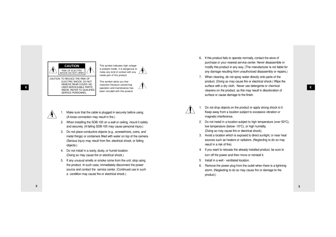 Samsung SDB-100/W manual Risk of Electric Shock do not Open 