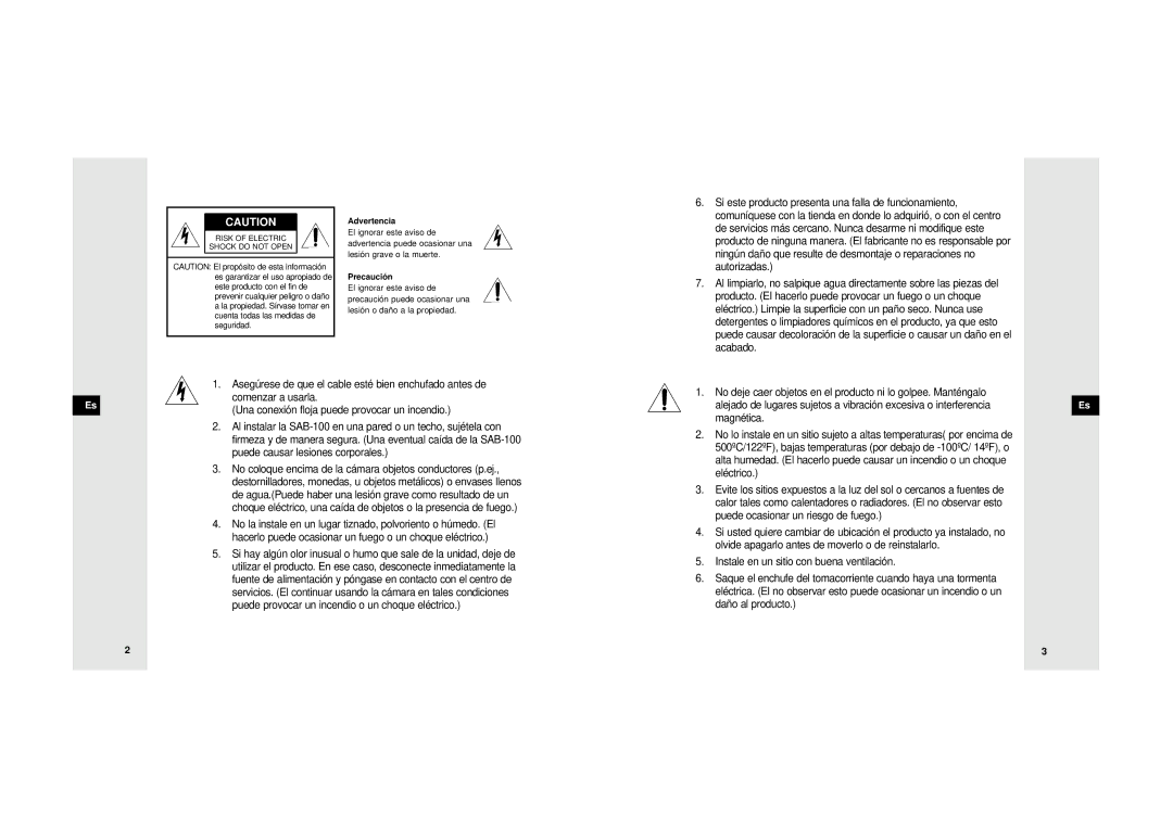 Samsung SDB-100/W manual Puede causar lesiones corporales, No coloque encima de la cámara objetos conductores p.ej 