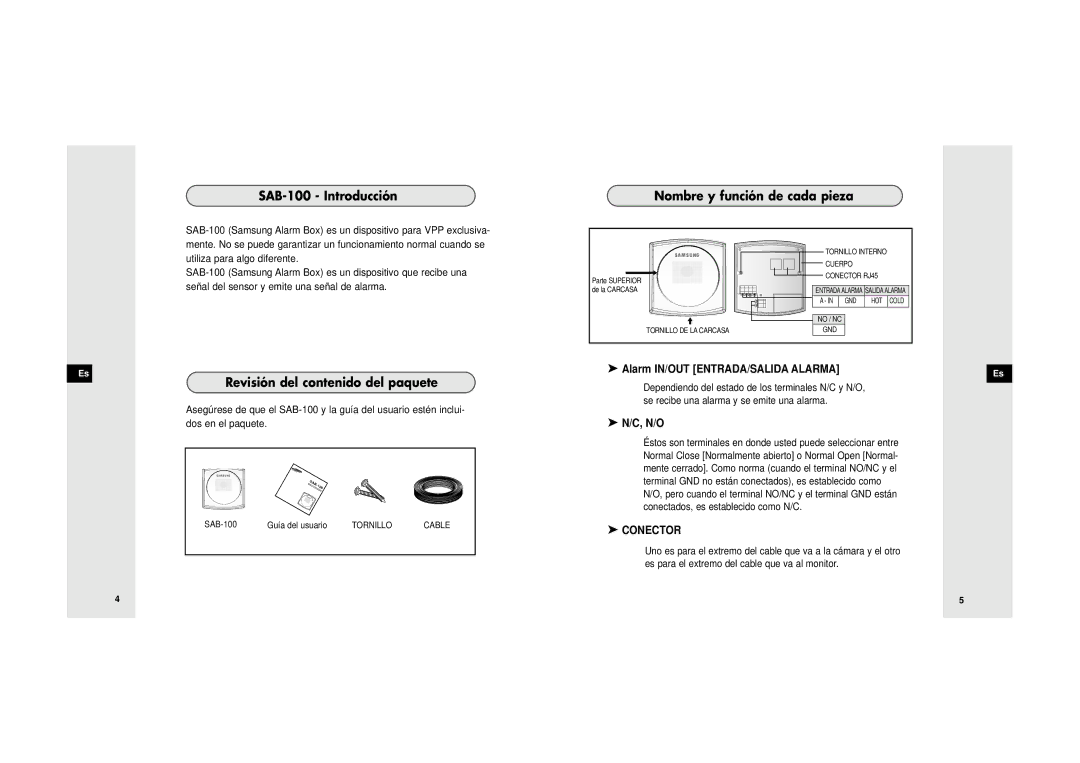 Samsung SDB-100/W manual SAB-100 Introducción Nombre y función de cada pieza, Revisión del contenido del paquete 