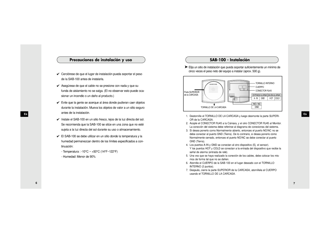 Samsung SDB-100/W manual Precauciones de instalación y uso, SAB-100 Instalación, Antes de la instalación, Tinuación 