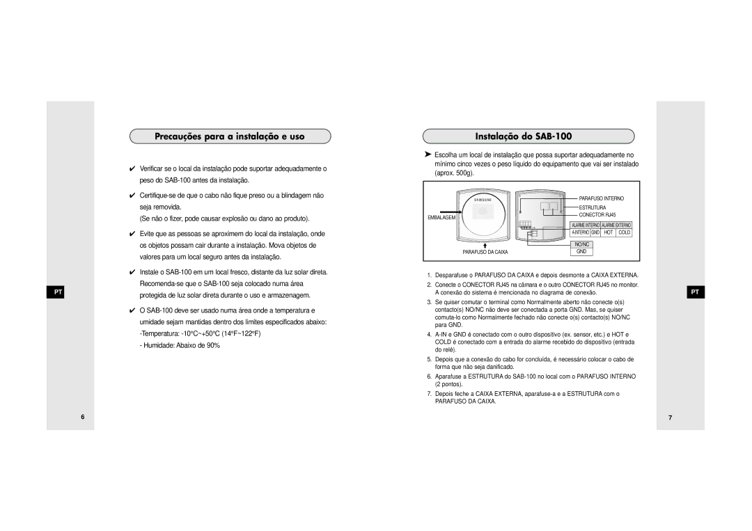 Samsung SDB-100/W manual Precauções para a instalação e uso, Instalação do SAB-100 