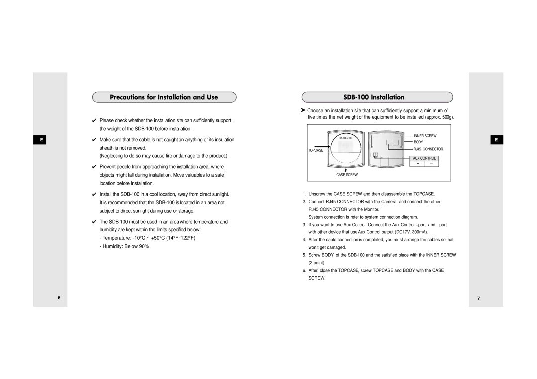 Samsung SDB-100/W manual Precautions for Installation and Use, SDB-100 Installation 