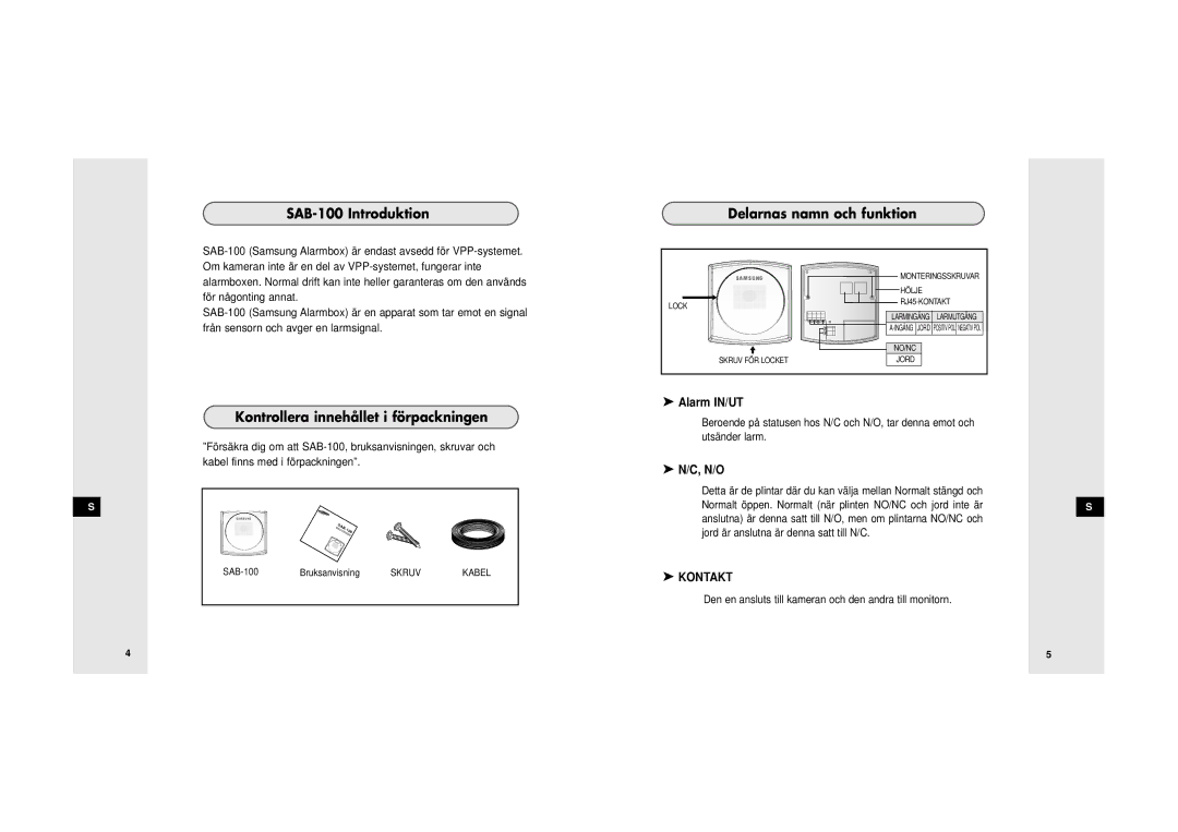 Samsung SDB-100/W manual SAB-100 Introduktion, Kontrollera innehållet i förpackningen, Delarnas namn och funktion 