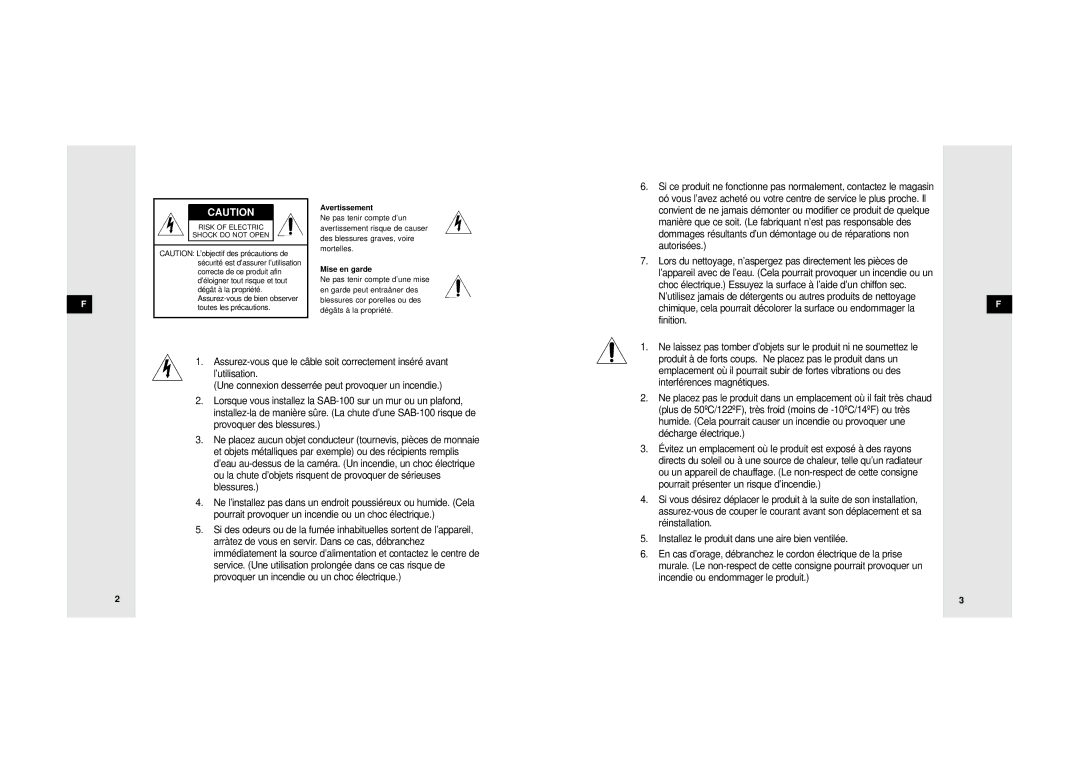 Samsung SDB-100/W manual Avertissement 