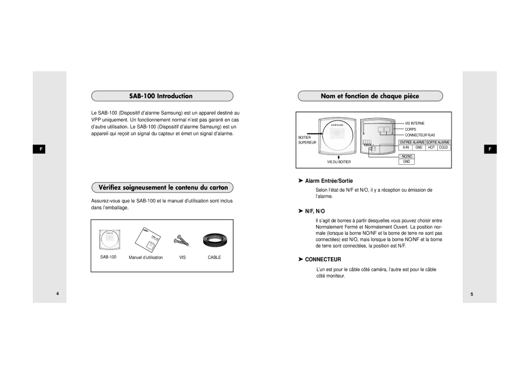 Samsung SDB-100/W manual SAB-100 Introduction, Vérifiez soigneusement le contenu du carton, Nom et fonction de chaque pièce 