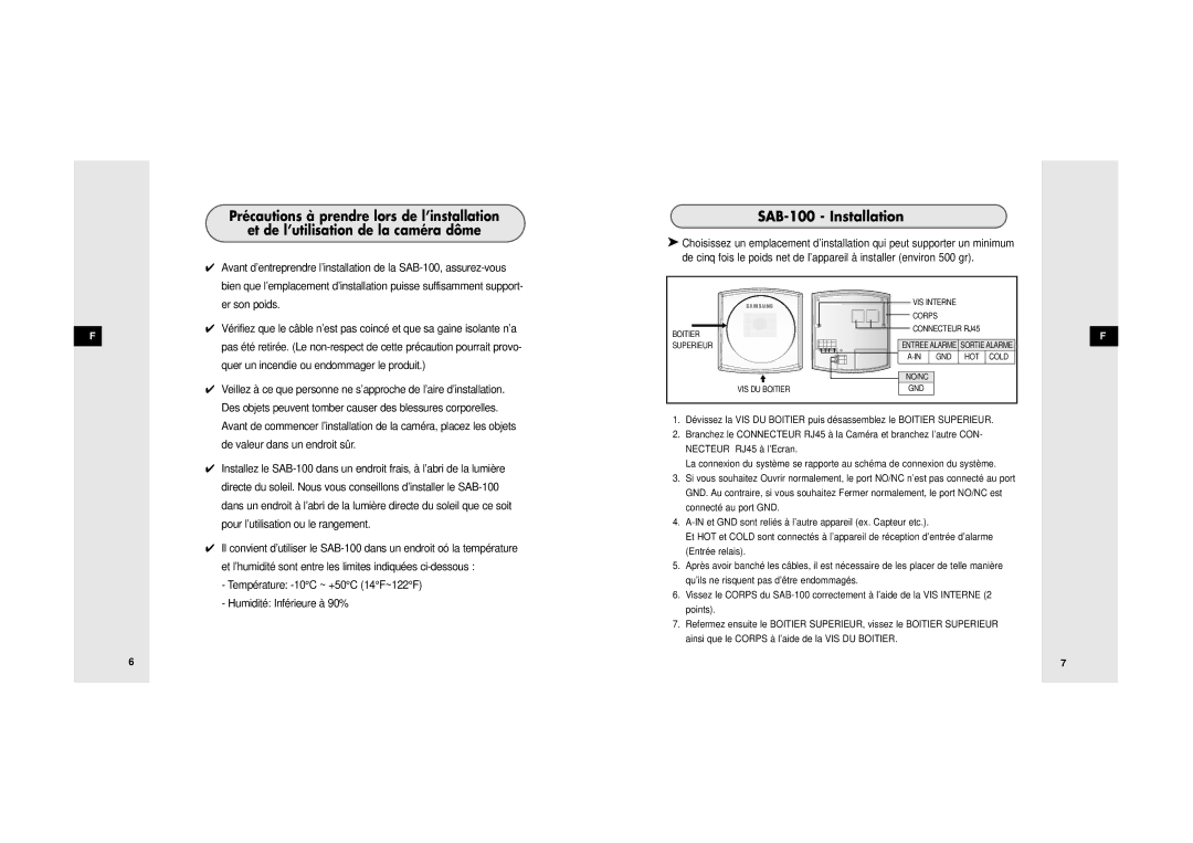 Samsung SDB-100/W manual SAB-100 Installation, Température -10C ~ +50C 14F~122F Humidité Inférieure à 90% 