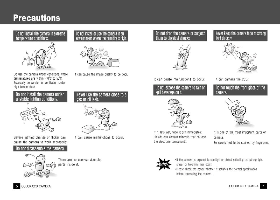 Samsung SDC-241 SERIES, SDC-311 SERIES Precautions, Do not install the camera in extreme temperature conditions 