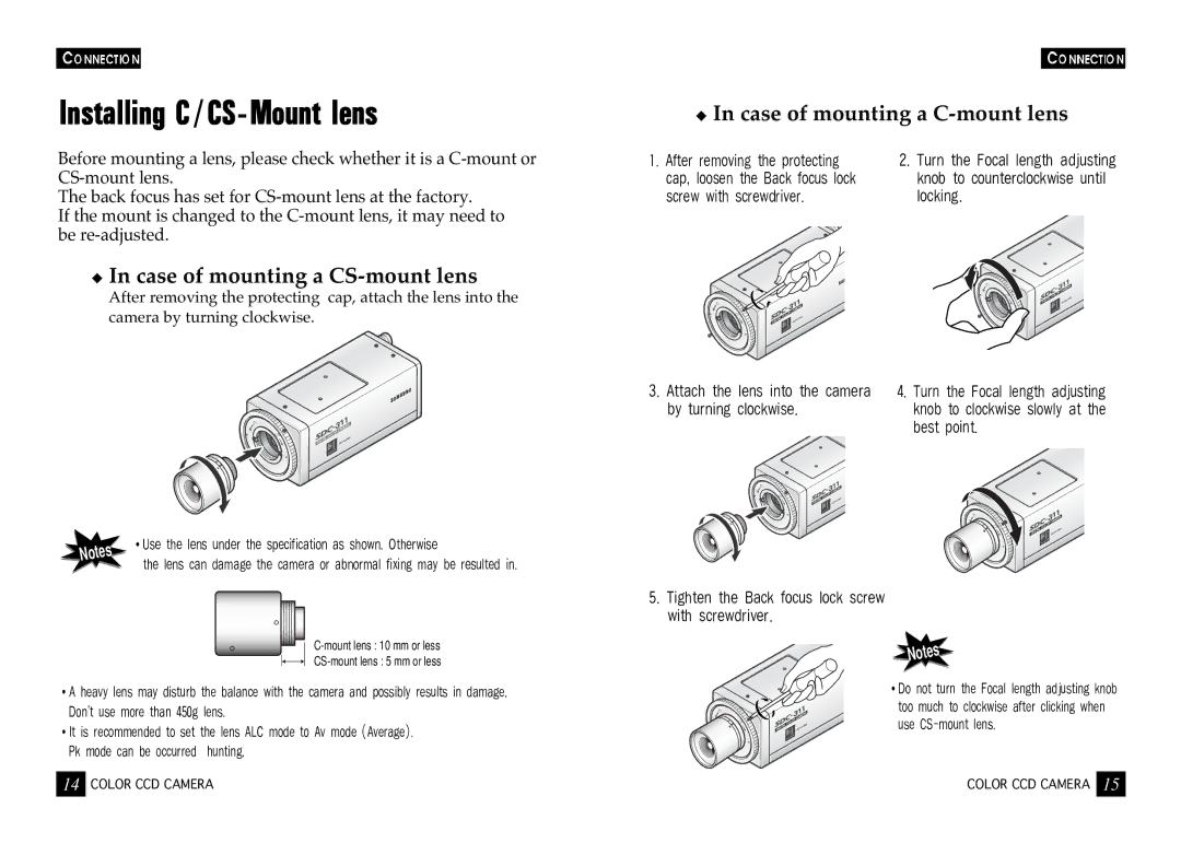 Samsung SDC-241 SERIES, SDC-311 SERIES instruction manual Installing C/CS-Mount lens, Case of mounting a CS-mount lens 