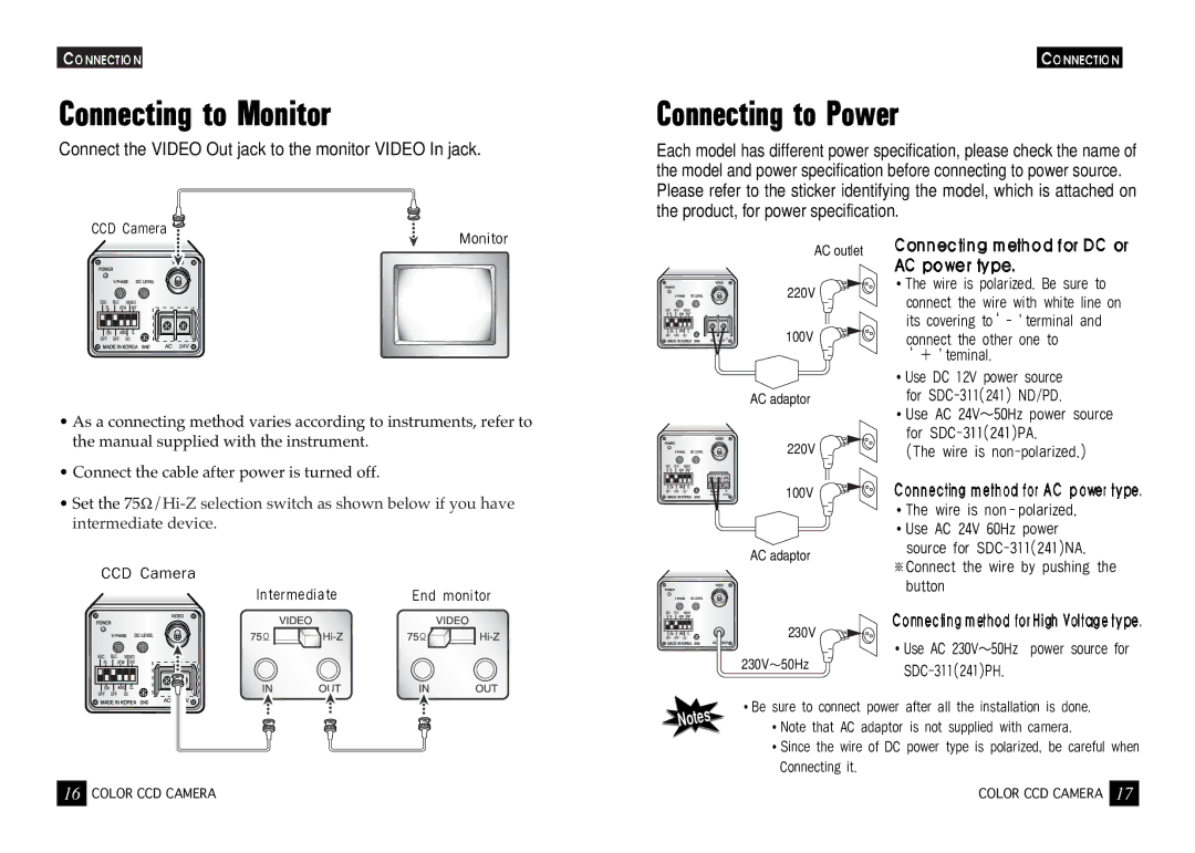 Samsung SDC-311 SERIES, SDC-241 SERIES instruction manual Connecting to Monitor, Connecting to Power 