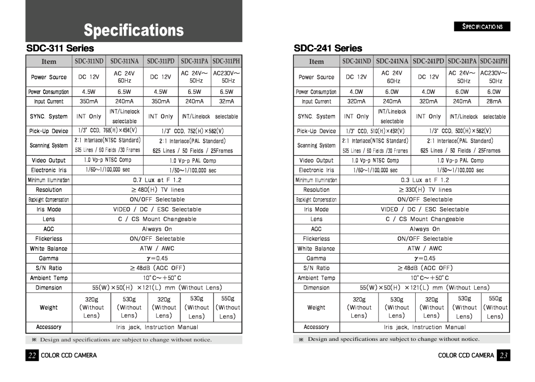 Samsung SDC-241 SERIES, SDC-311 SERIES Specifications, SDC-311 Series, SDC-241 Series, SDC-241NA, SDC-241PD 