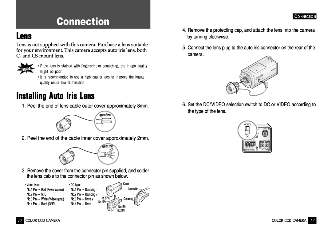 Samsung SDC-311 SERIES, SDC-241 SERIES instruction manual Installing Auto Iris Lens, Connection 