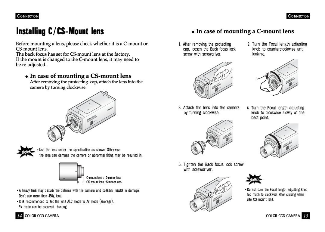 Samsung SDC-241 SERIES Installing C/CS-Mount lens, In case of mounting a CS-mount lens, In case of mounting a C-mount lens 