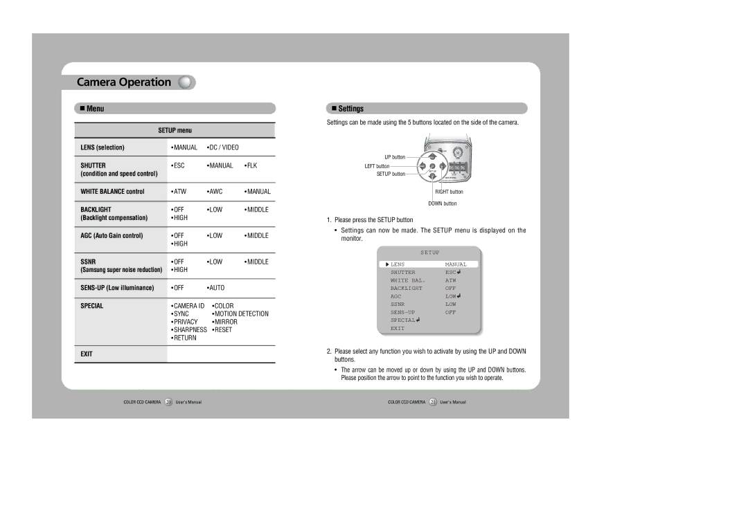 Samsung SDC-415 instruction manual Camera Operation, Menu, Settings 