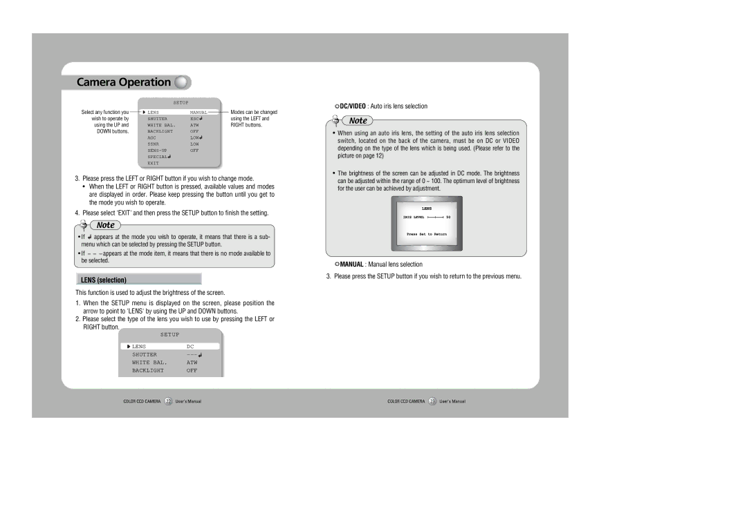 Samsung SDC-415 instruction manual Lens selection, DC/VIDEO Auto iris lens selection 