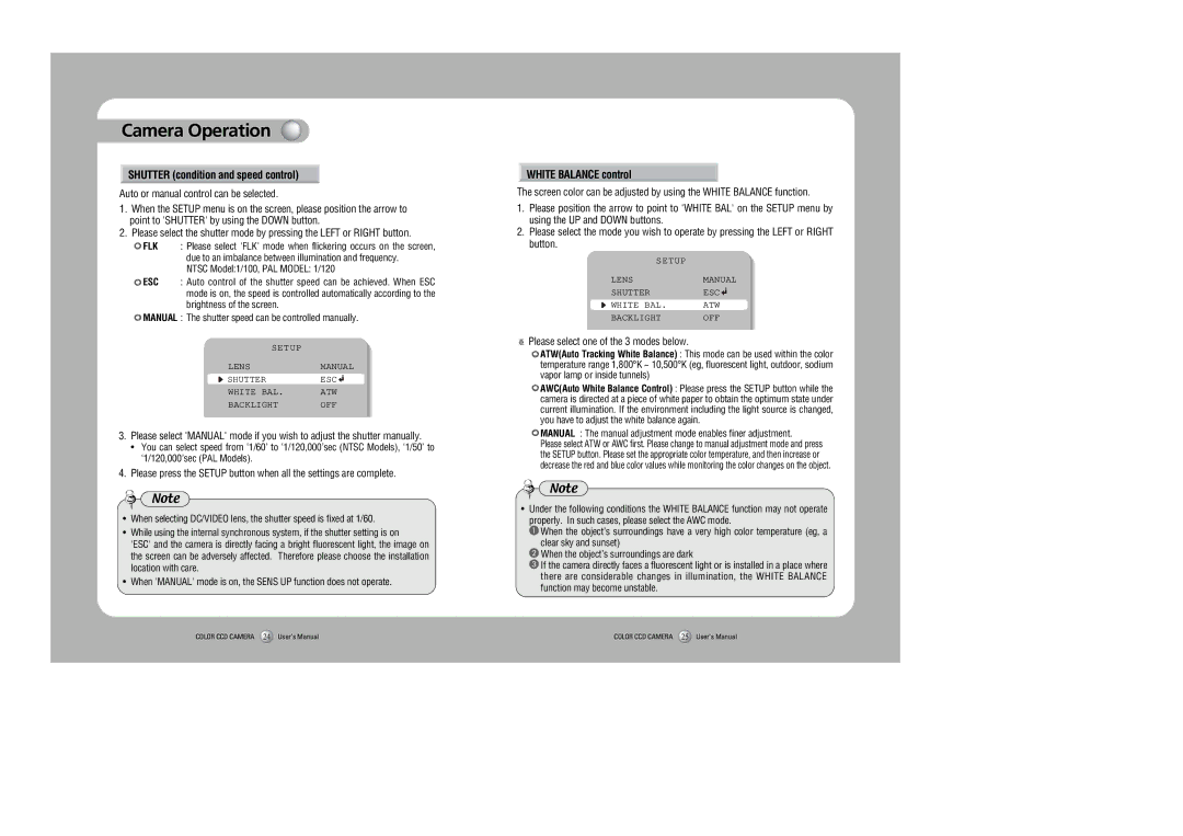 Samsung SDC-415 instruction manual Shutter condition and speed control, White Balance control 