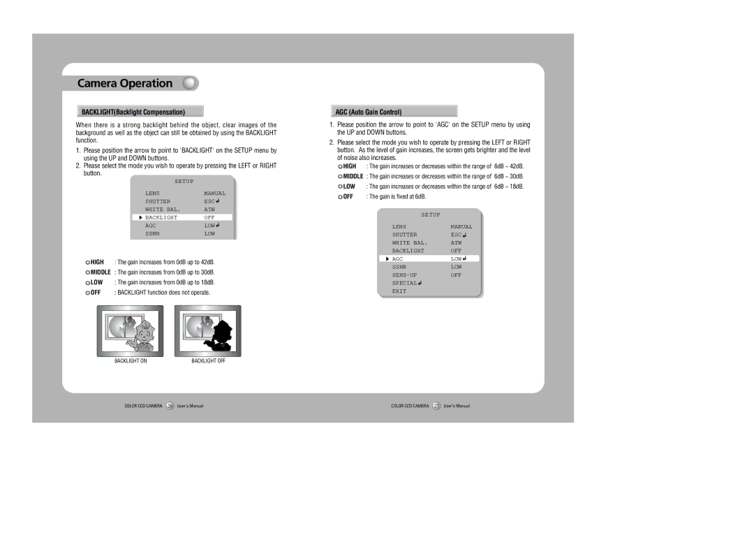 Samsung SDC-415 instruction manual BACKLIGHTBacklight Compensation, AGC Auto Gain Control 